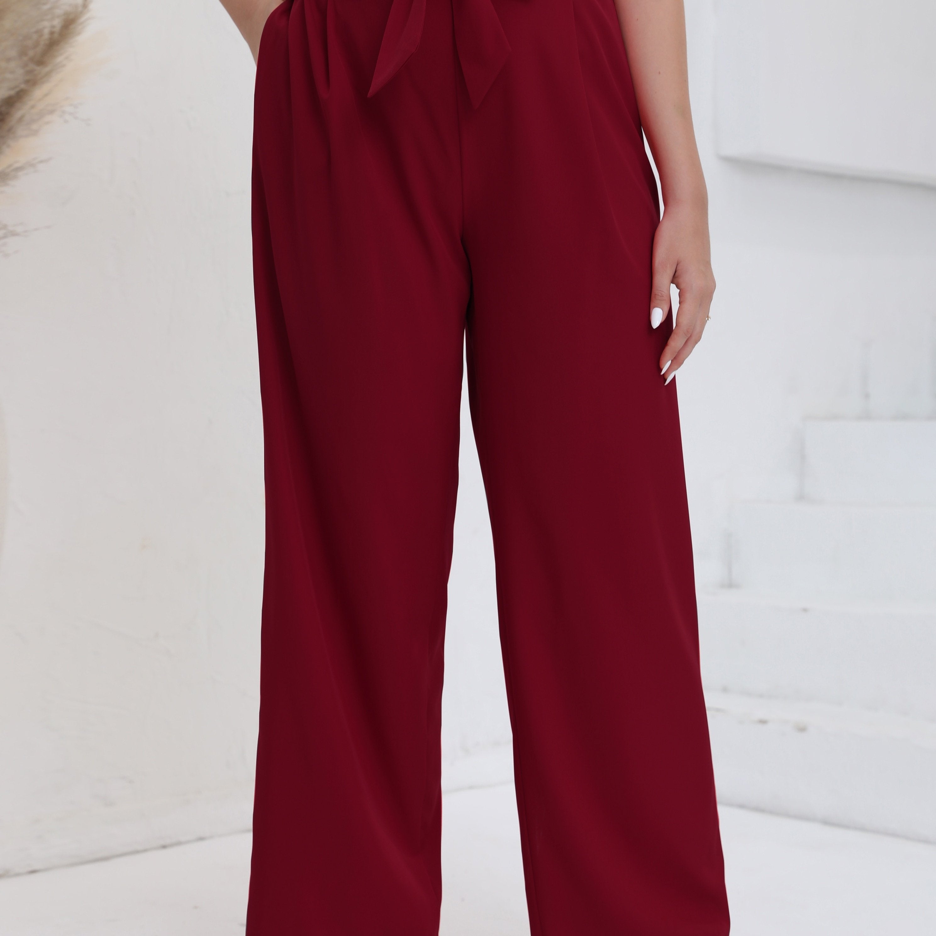  Solid High Rise Wide Leg Trousers With Belt