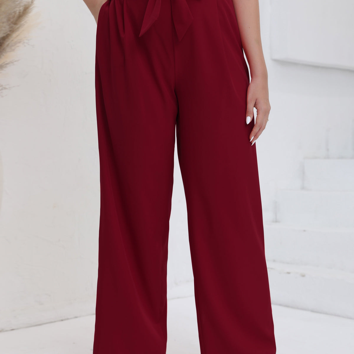  Solid High Rise Wide Leg Trousers With Belt