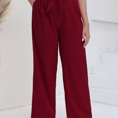  Solid High Rise Wide Leg Trousers With Belt