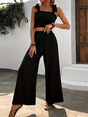 Casual Shirred Crop Tank Top & Wide Leg Pants Set