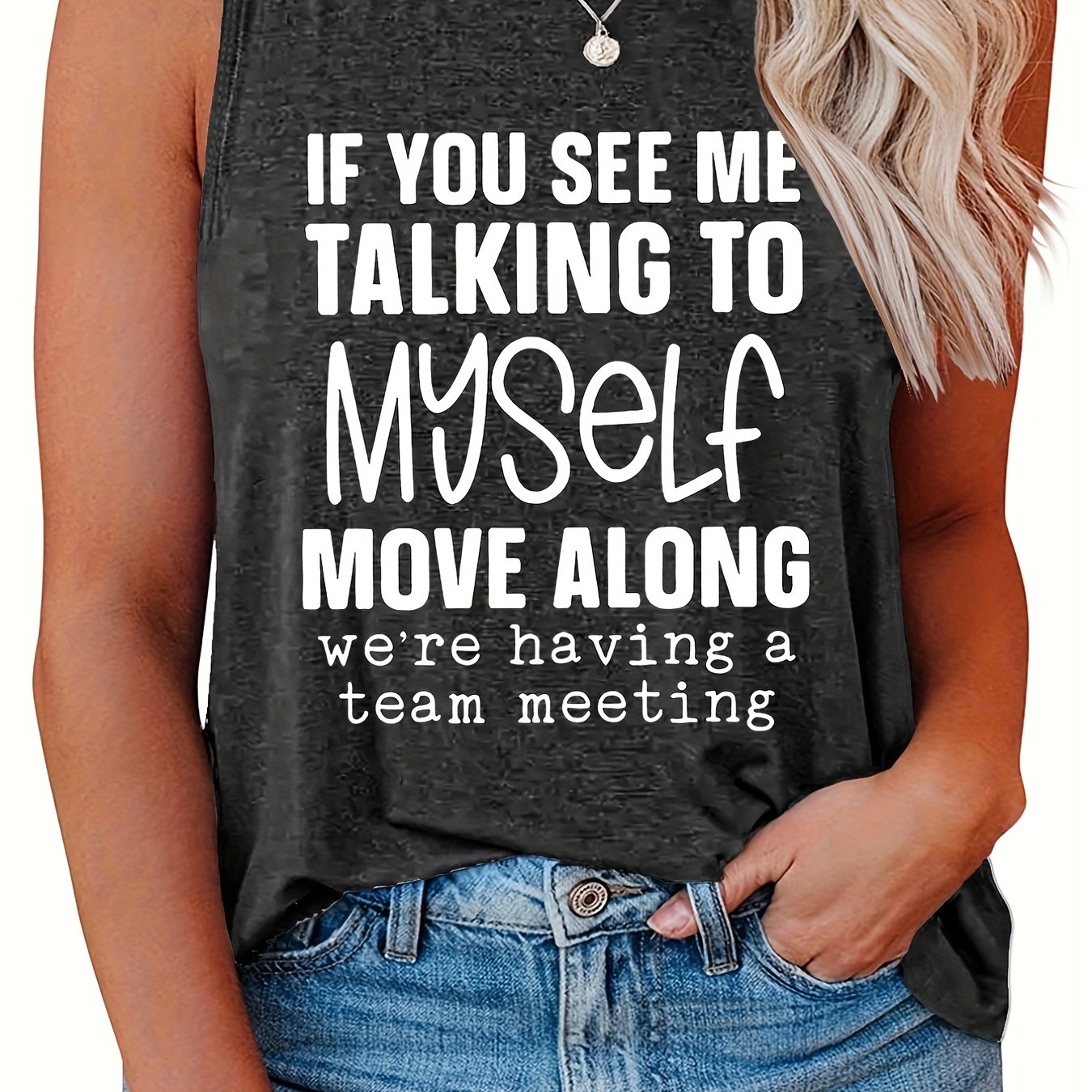  Casual Tank Top Women's Plus Slogan Print Round Neck Tank Top
