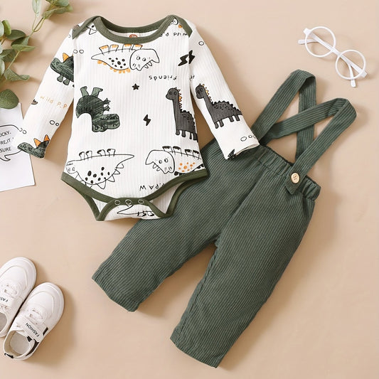 Baby Boy's Dinosaur Print Romper Top & Bib Pants Set