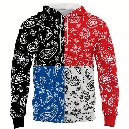 Paisley Print Block Hoodies Men Comfy Loose Hooded Pullover Mens Clothing