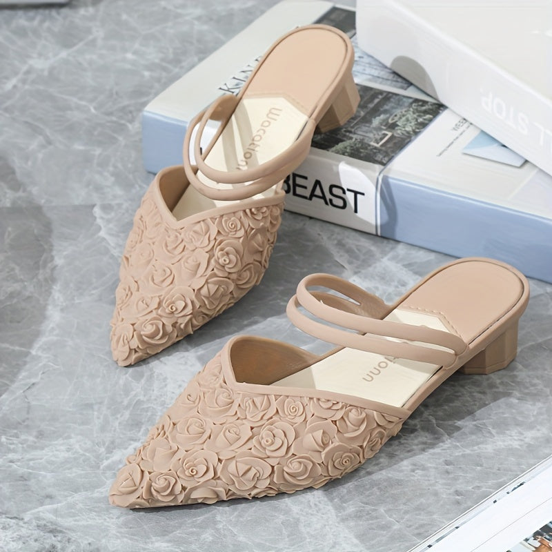 Women's Rose Embossed Slingback Sandals Chunky Low Heels