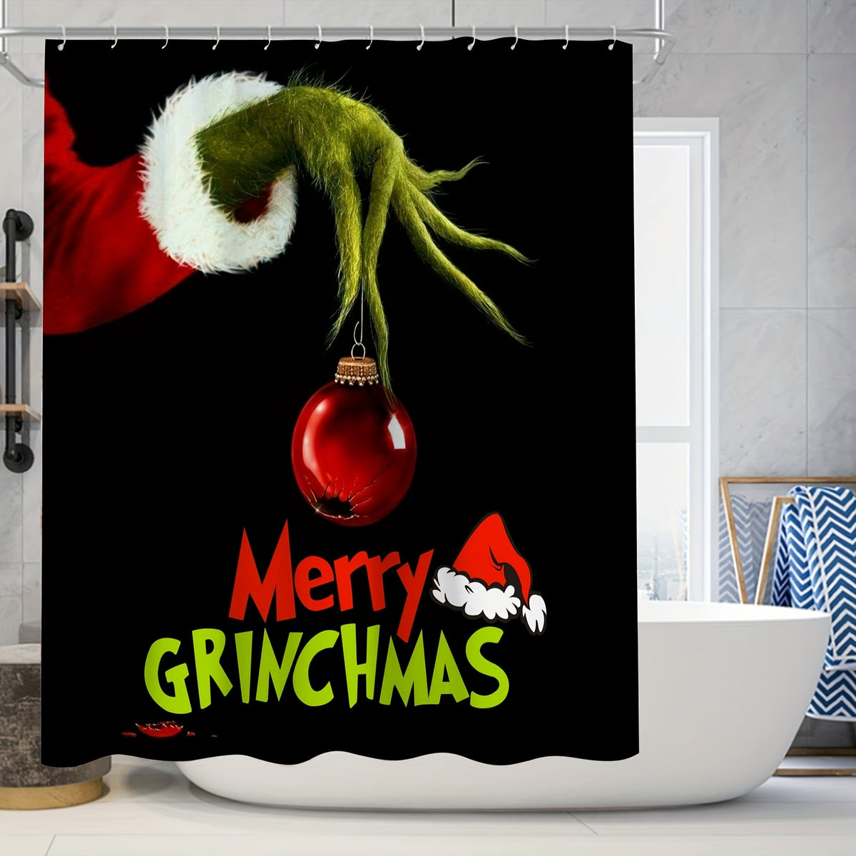 Christmas Shower Curtain Set Holiday Waterproof Removable Shower