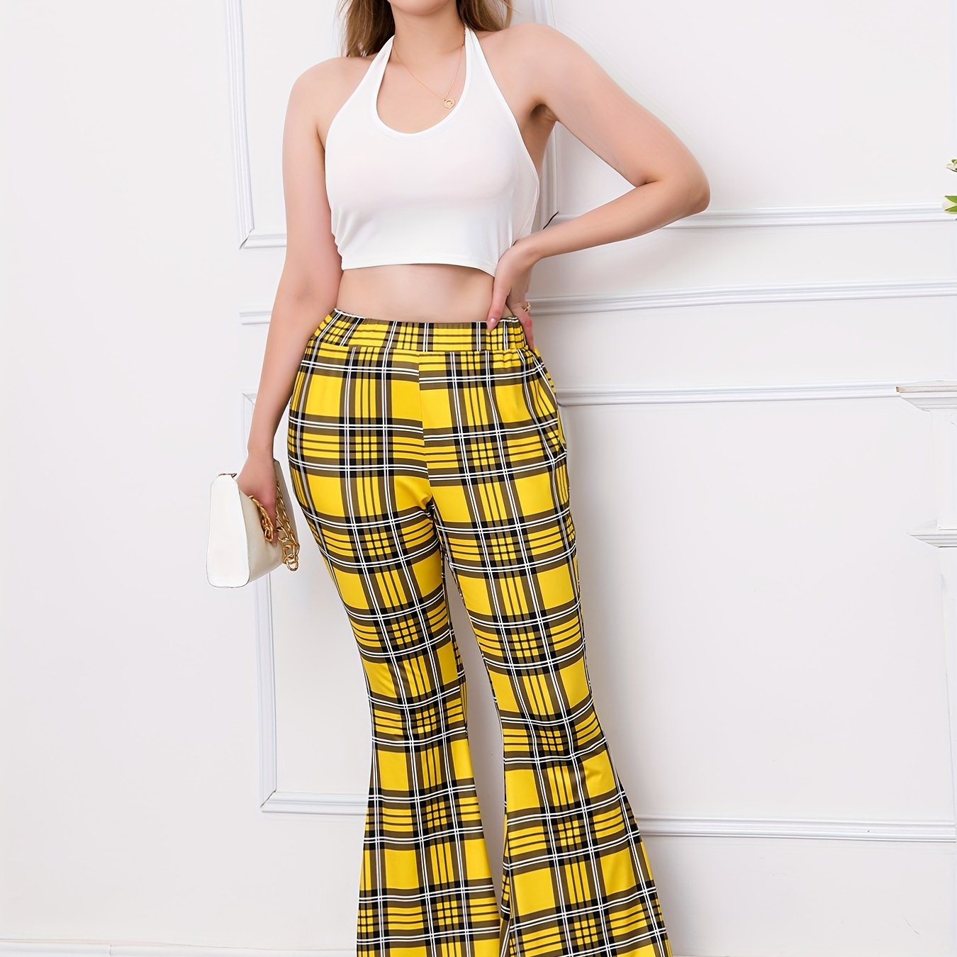  Plaid Print High Rise Flared Leggings