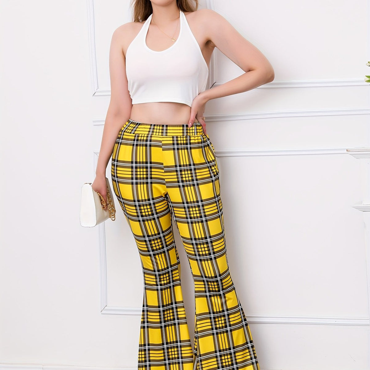  Plaid Print High Rise Flared Leggings
