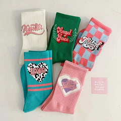5 Pairs Heart & Letter Print Socks Women's Mid Tube Stockings Hosiery