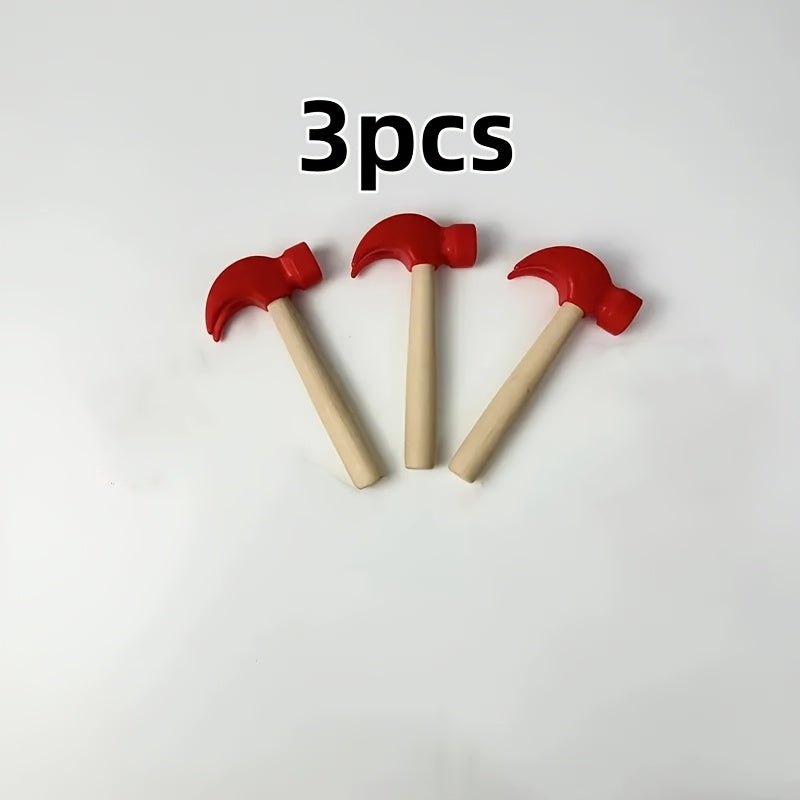 Set of 3 Red Mini Wooden Hammers Pretend Play Educational Tools