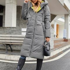 Solid Parka Zip Up Hooded Outerwear Women's Clothing