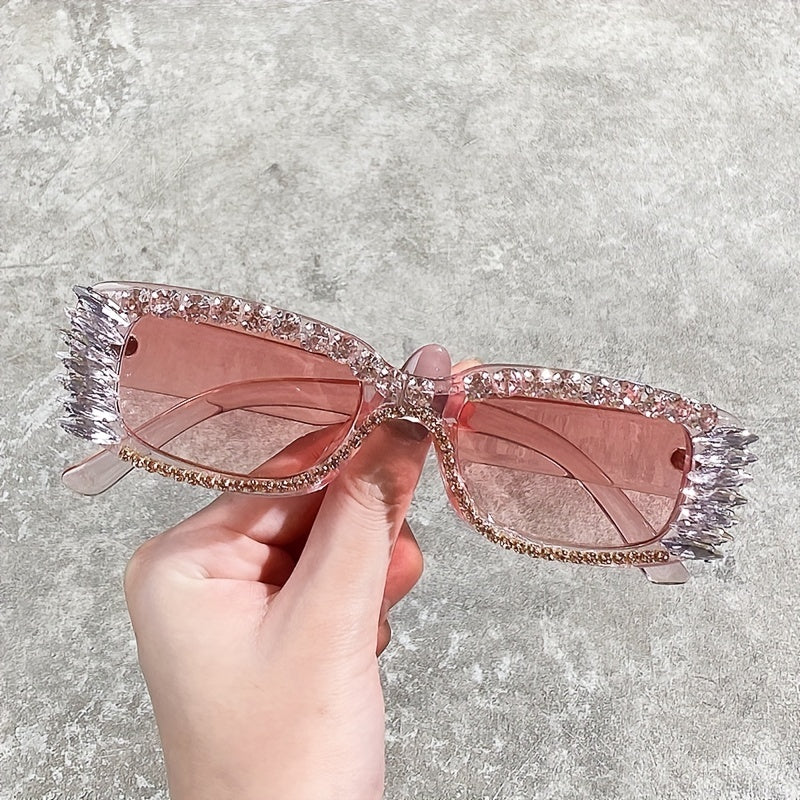Rhinestone Decor Sunglasses Rectangular Frame UV400