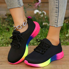 Women's Rainbow Thick Sole Running Shoes Flying Woven Lace Up Sneakers