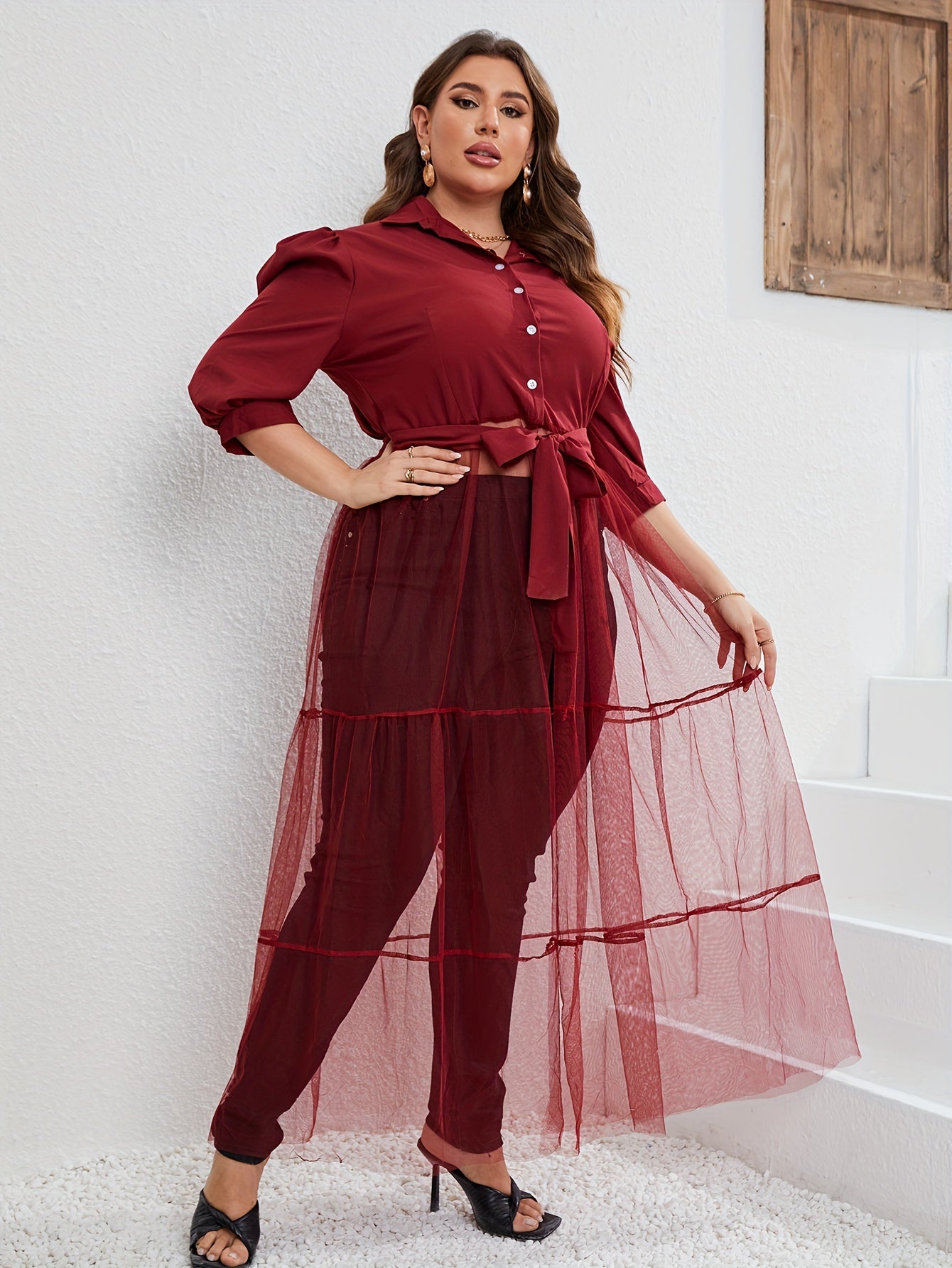  Contrast Mesh Shirt Dress