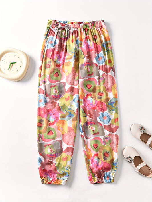 Girls Casual Flowers Graphic Cotton Jogger Trousers for Summer
