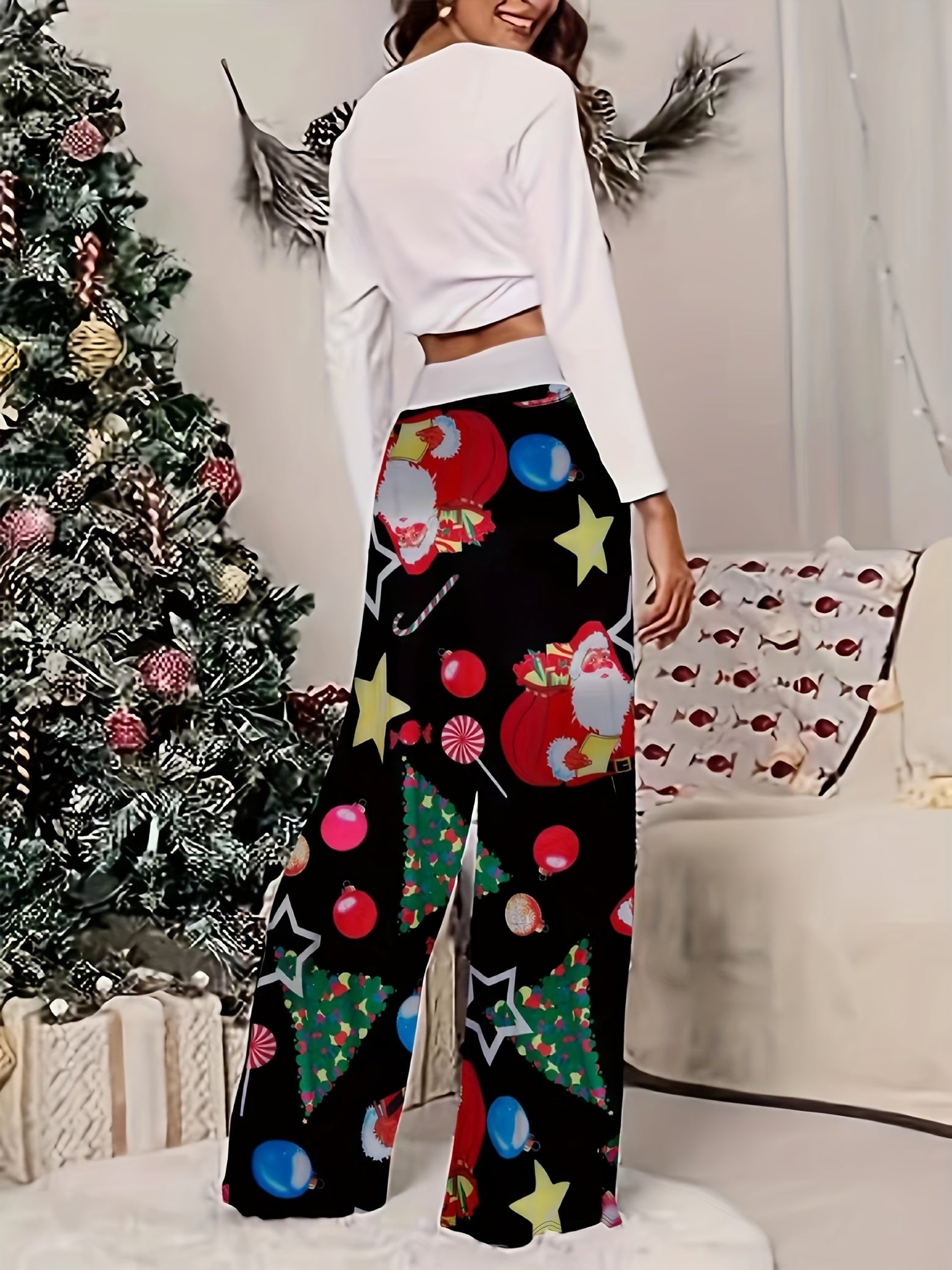 Women's Plus Christmas Tree & Santa Claus Print High Rise Wide Leg Pants