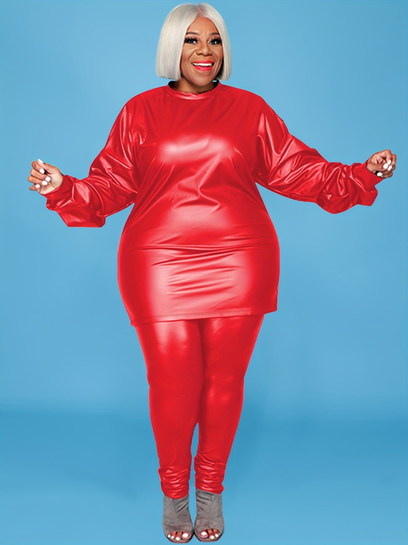 Women's Plus Faux Leather Long Sleeve Top & Pants Set