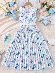 Floral Print Sleeveless Pleated Casual Midi Dress with Ruffle V Neck