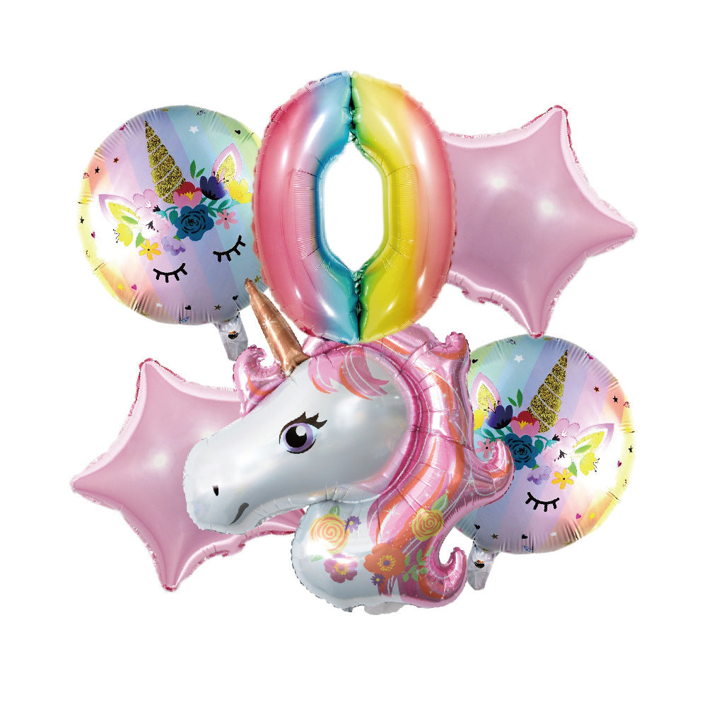 6pcs 32" Gradient Number Unicorn Balloon Set Pink Star Birthday Decor