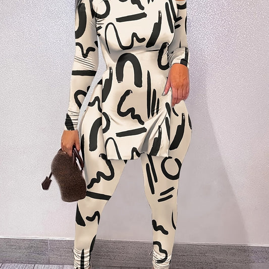 Casual Letter Print Two piece Set Side Split T shirt & Skinny Pants