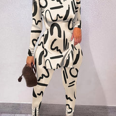 Casual Letter Print Two piece Set Side Split T shirt & Skinny Pants