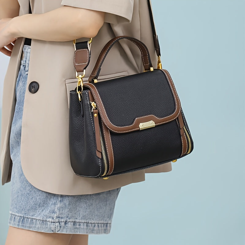 Leather Convertible Crossbody Bag Magnetic Closure Beige Light Brown Navy