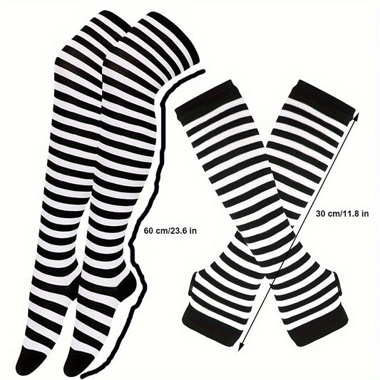 2 Pairs Set Long Over Knee Socks Colorful Striped Gloves Set