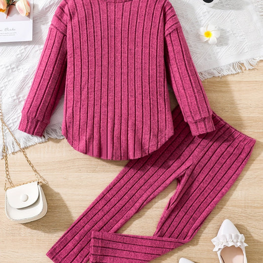 Girl's Ribbed Top & Leggings Set Soft Casual Outfits