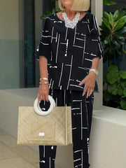 Women's Plus Stripe Print Tee & Pants Two Piece Set