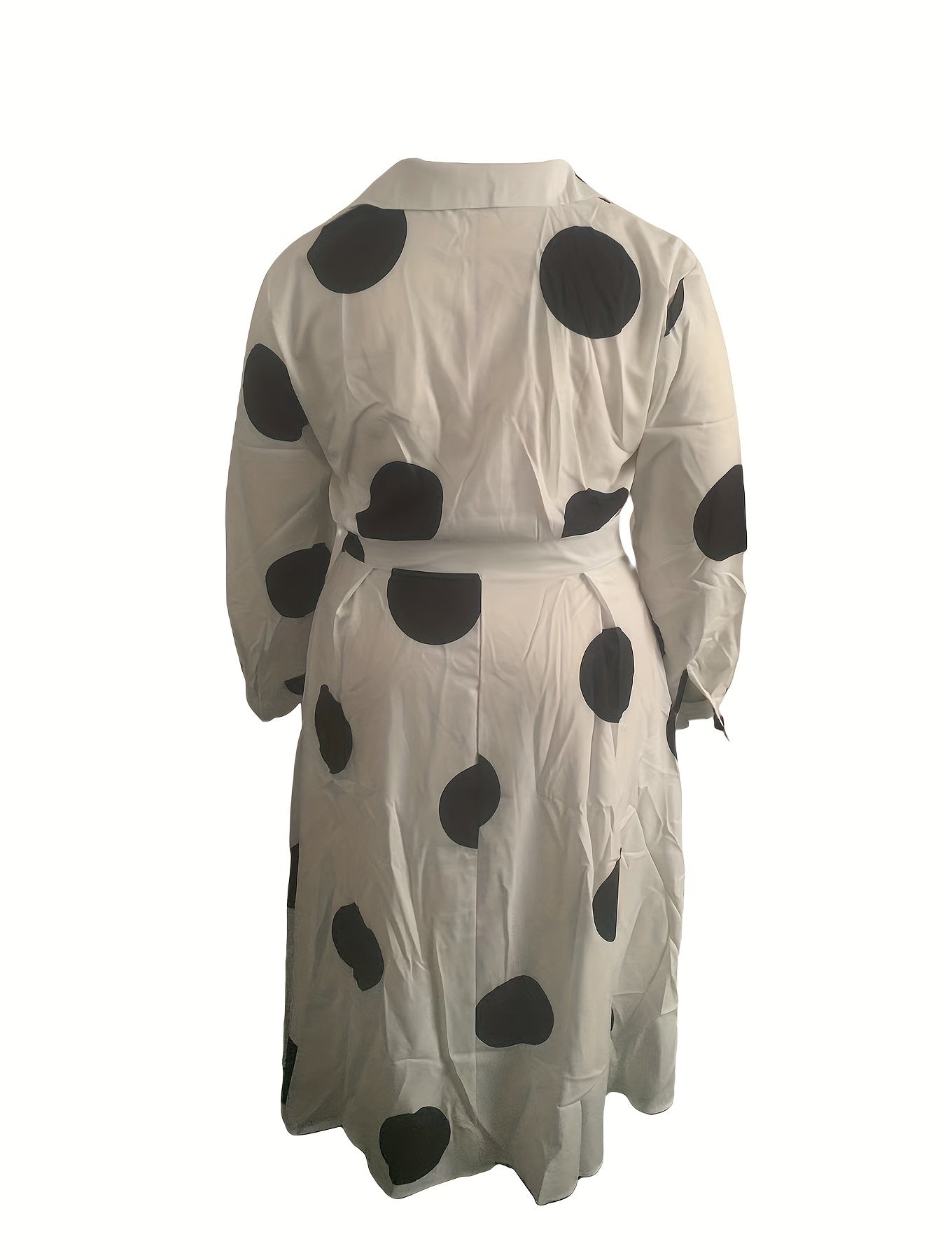  Dot Print Long Sleeve Button Up Collar Maxi Dress