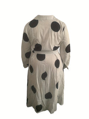  Dot Print Long Sleeve Button Up Collar Maxi Dress