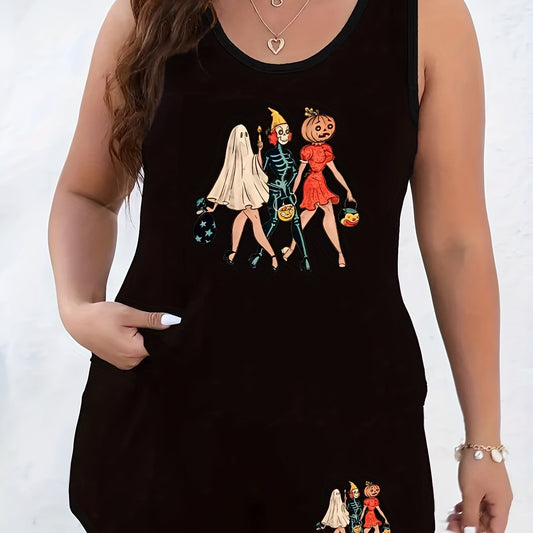  Halloween Loungewear Set Ghost Pumpkin Skull Print Tank