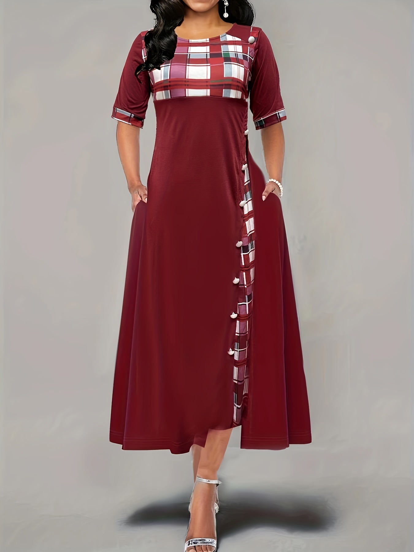 Plaid Print Splicing Dress Casual Crew Neck Short Sleeve Summer Asymmetrical Dre