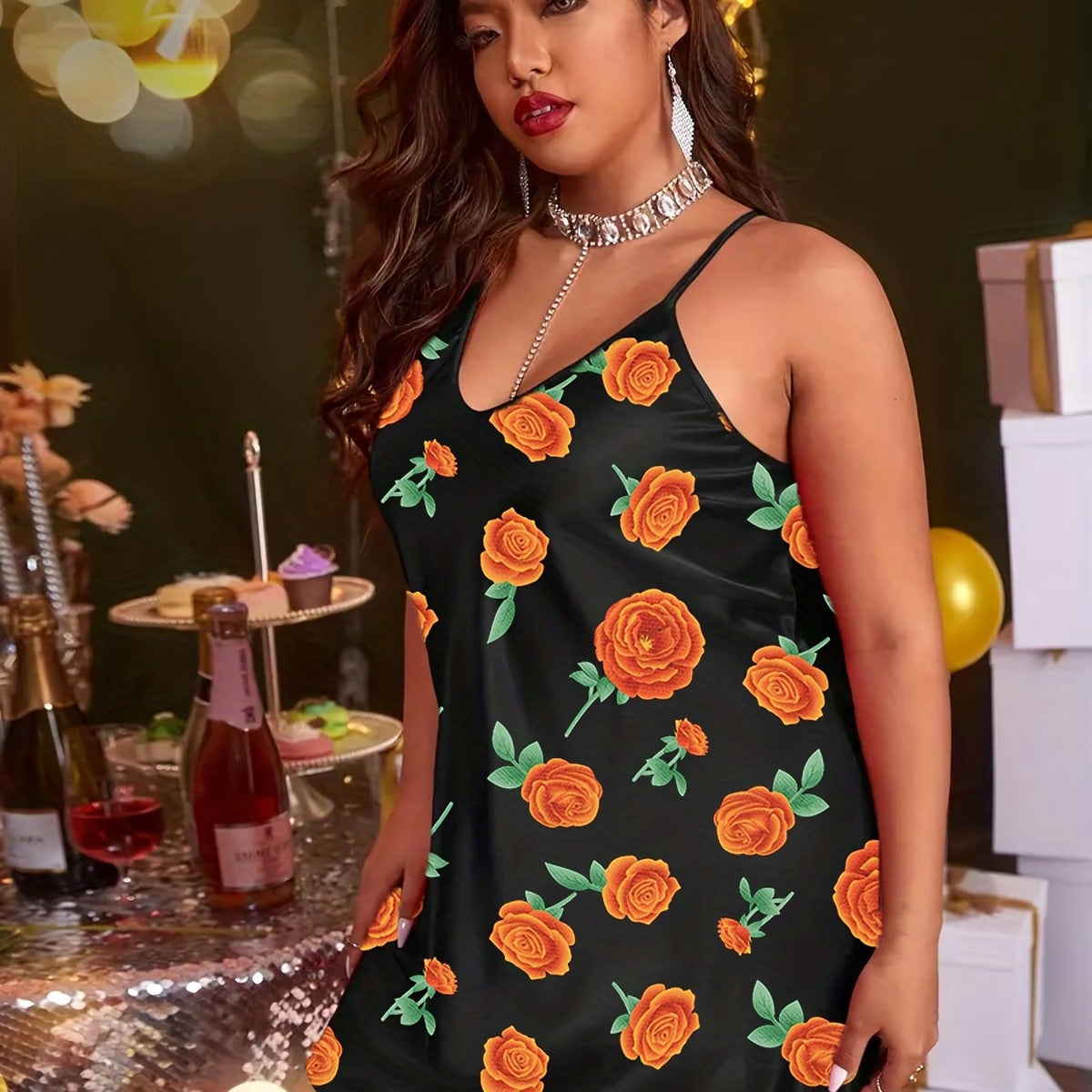  Satin Floral Print V Neck Cami Sleep Dress