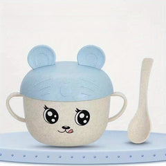 Children's Cartoon Double Handle Bowl with Lid and Spoon