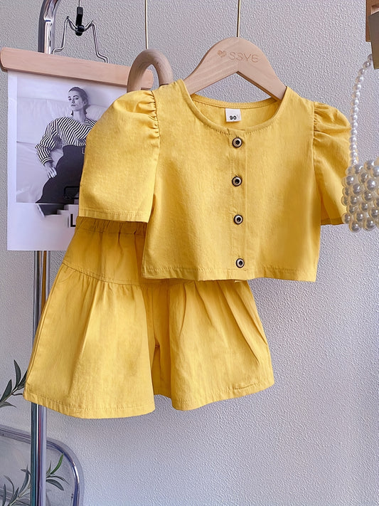 Girls Puff Sleeve Button Top & Shorts Set