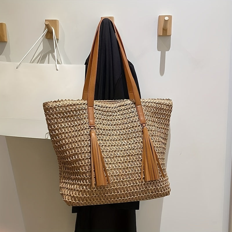 Colorblock Straw Tote Bag Woven Shoulder Bag With Tassel Decor