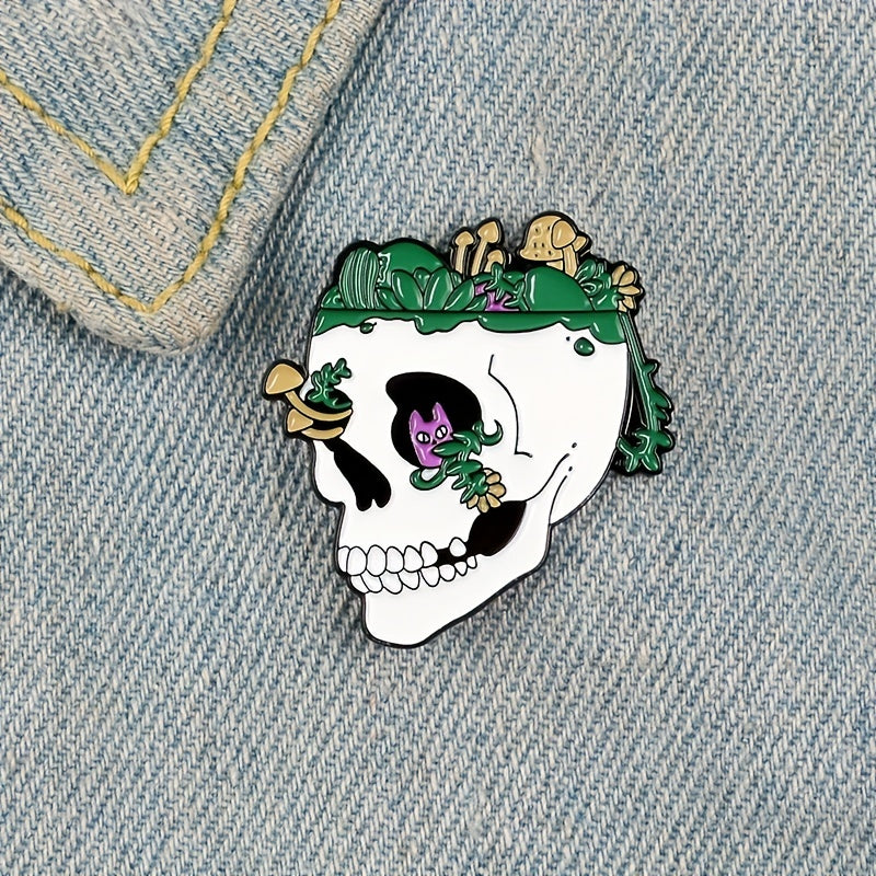 Skull Green Mountain Stone Enamel Brooch
