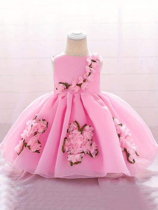 Baby Girl 1st Birthday Puffy Dress with Flower Decors