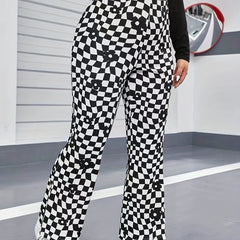 Floral & Checkered Print Flared Leg High Rise Pants Plus Size Y2K