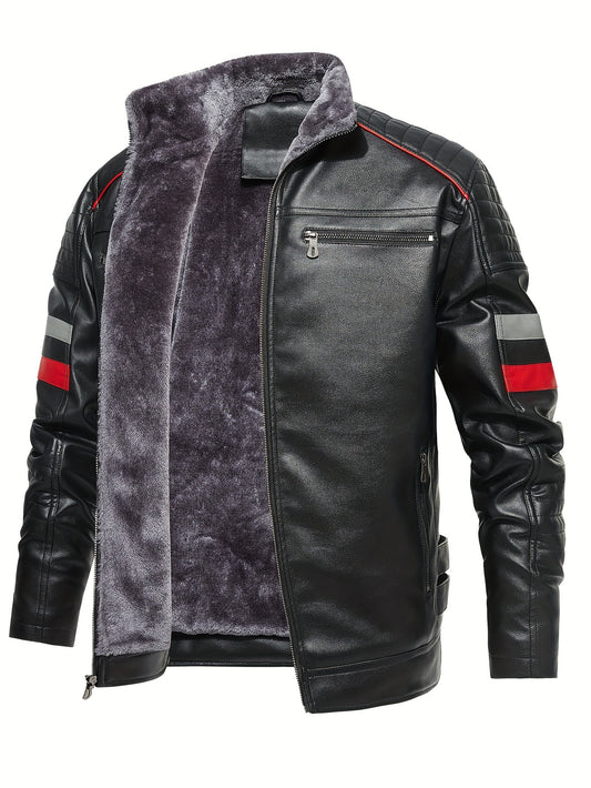 Men's Casual Fleece PU Leather Jacket Stand Collar Biker Jacket