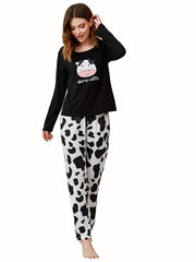 Cow Print Lounge Set Crew Neck Top & Pants Women's Loungewear