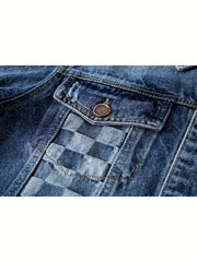 Plaid Pattern Denim Jacket Men's Casual Street Style Button Up Jacket