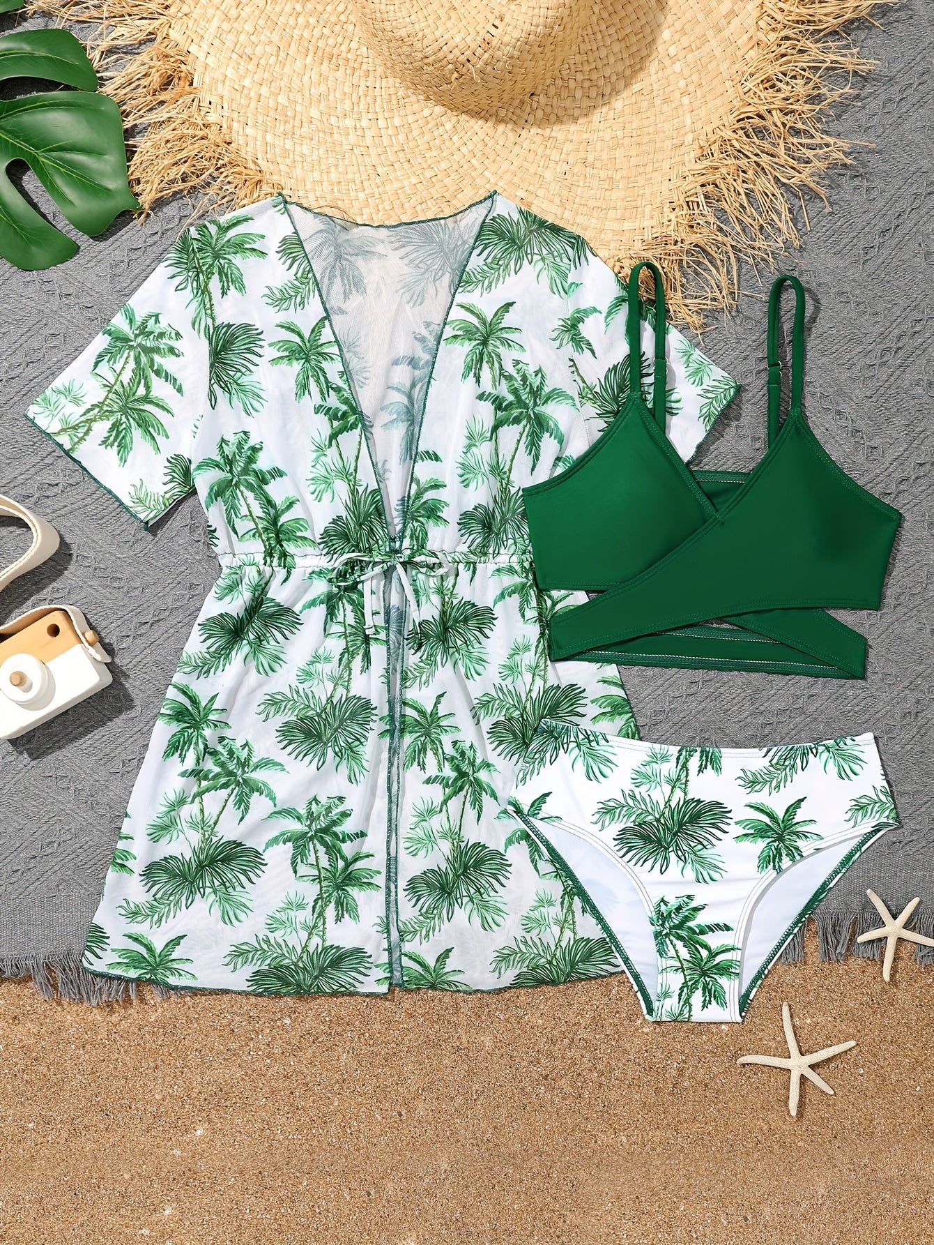 Girls Cover Up Jacket & Bikini Set - Leaves Allover Print - Summer Vacation
