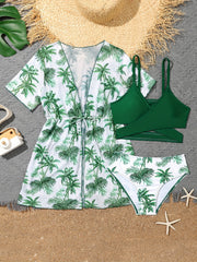 Girls Cover Up Jacket & Bikini Set - Leaves Allover Print - Summer Vacation