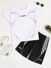 2pcs Boys Sport Outfit Short Sleeves Round Neck T shirt & Shorts Casual