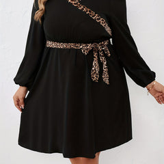 Colorblock Leopard Print Long Sleeve Belted Dress Women's Plus Medium Stretch