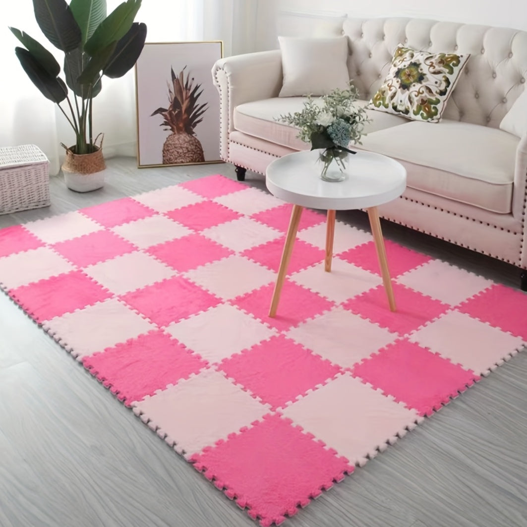 12pcs Pink Foam Puzzle Floor Mat Interlocking Fluffy Soft Climbing Area Rugs