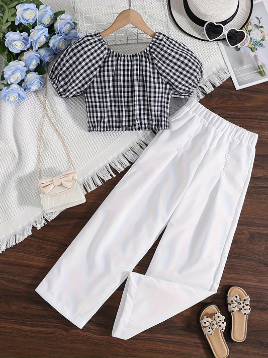 Girls Checkerboard Puff Sleeve T shirt & Pants Set For Summer