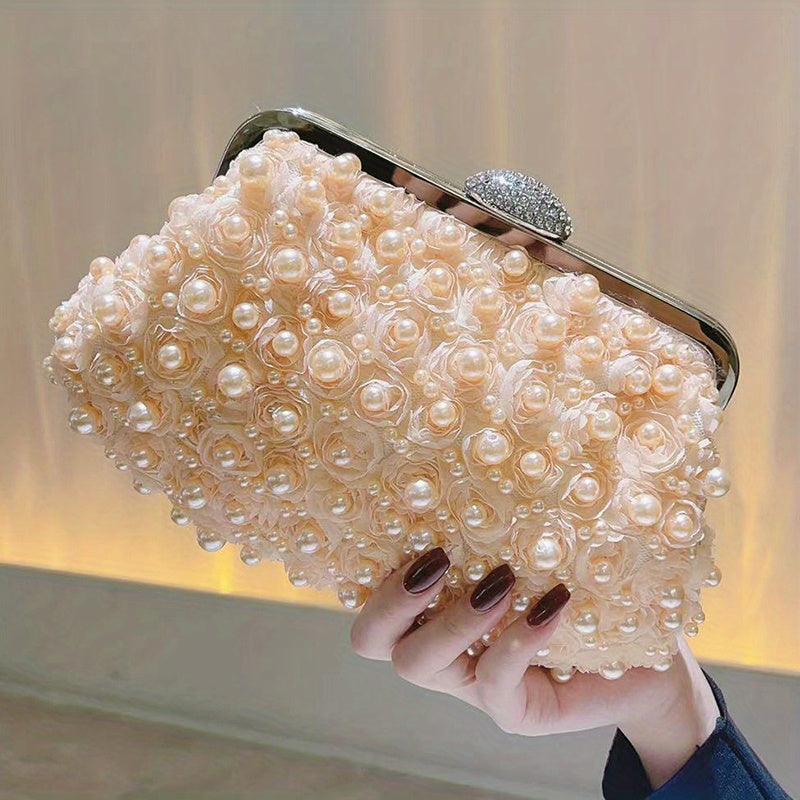 Pearl Decor Wedding Clutch Purse Top Ring Evening Bag
