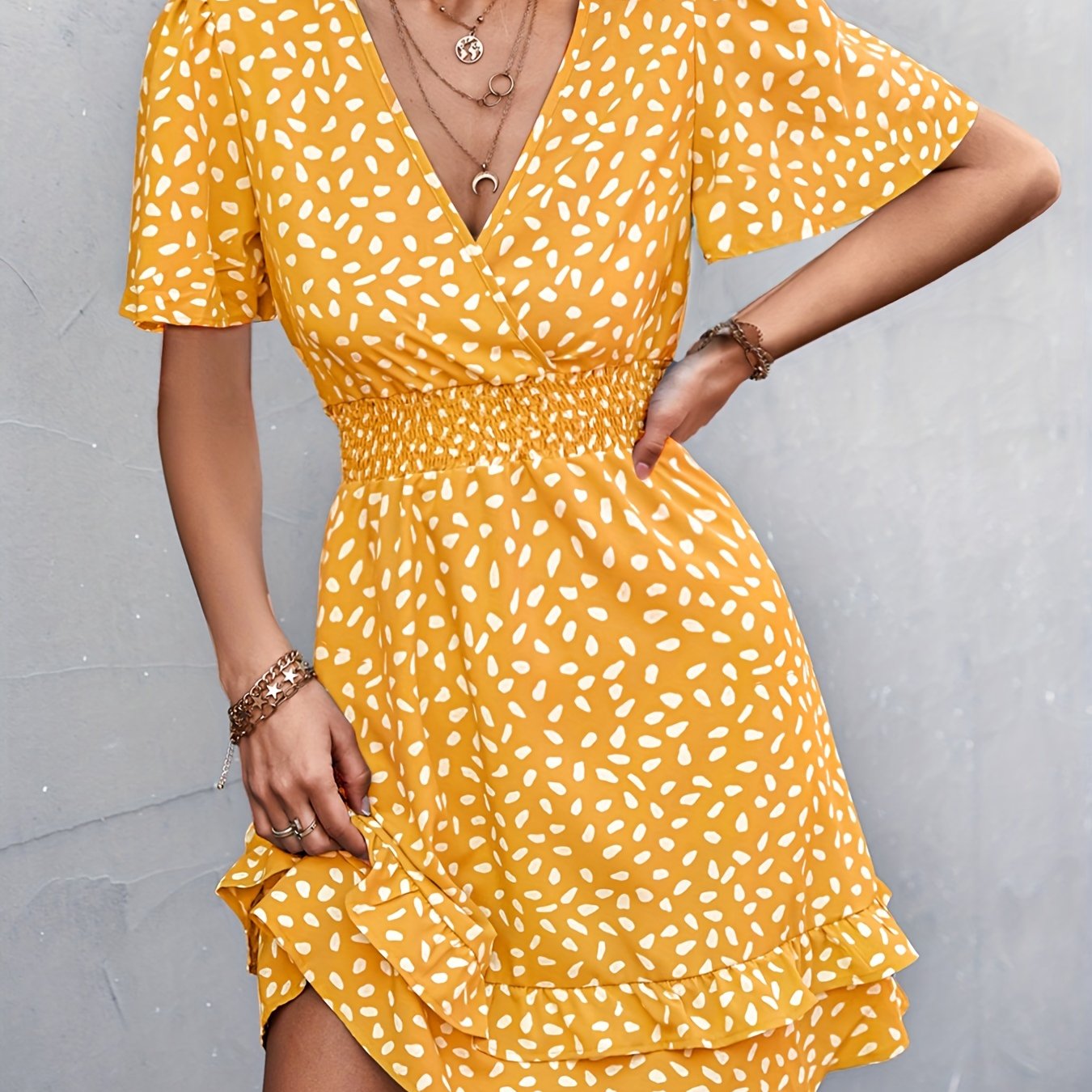 Polka Dot Dress Ruffle Sleeves Boho Swing Blouse Vacation Dress